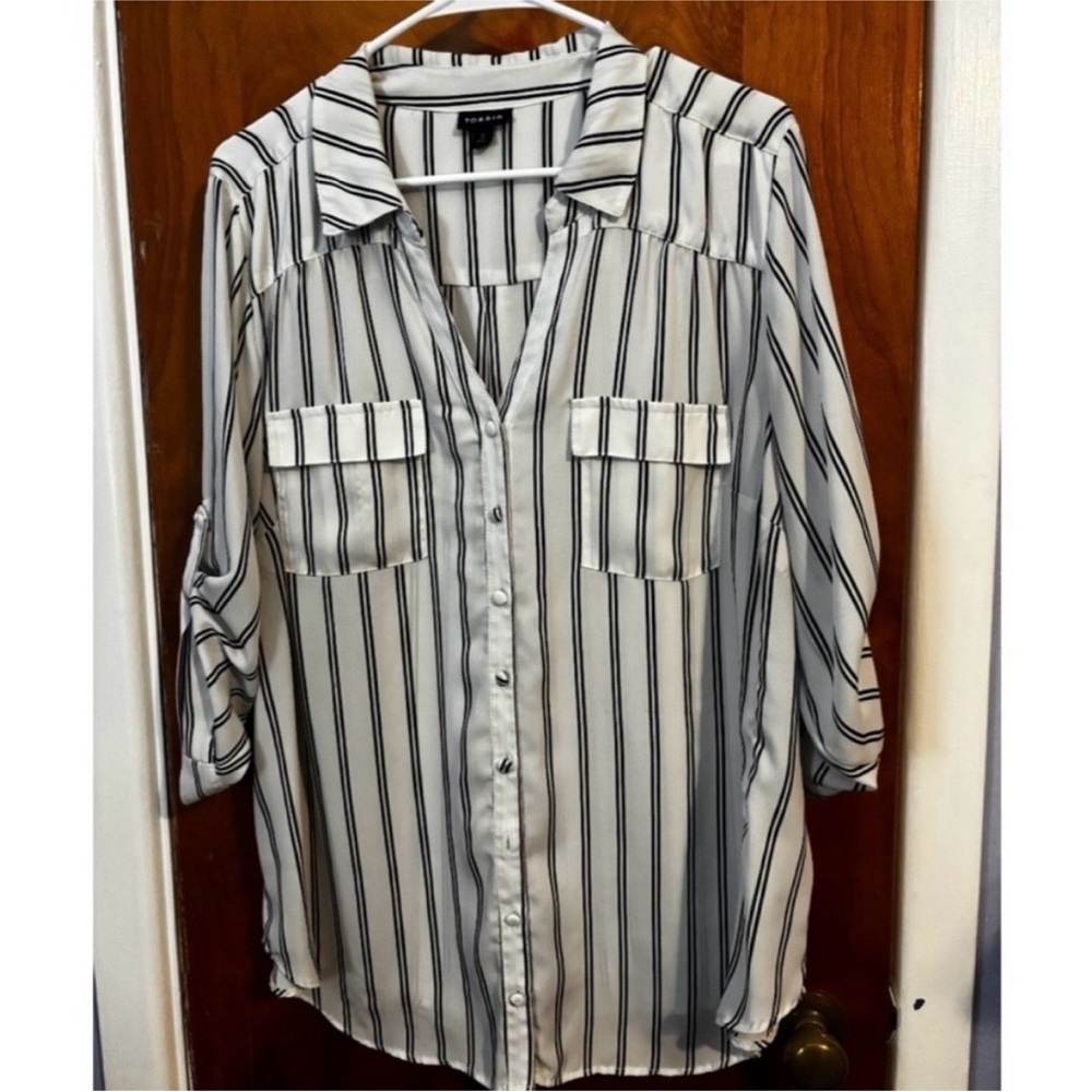 Torrid Striped Button-Front Blouse in White and Black
